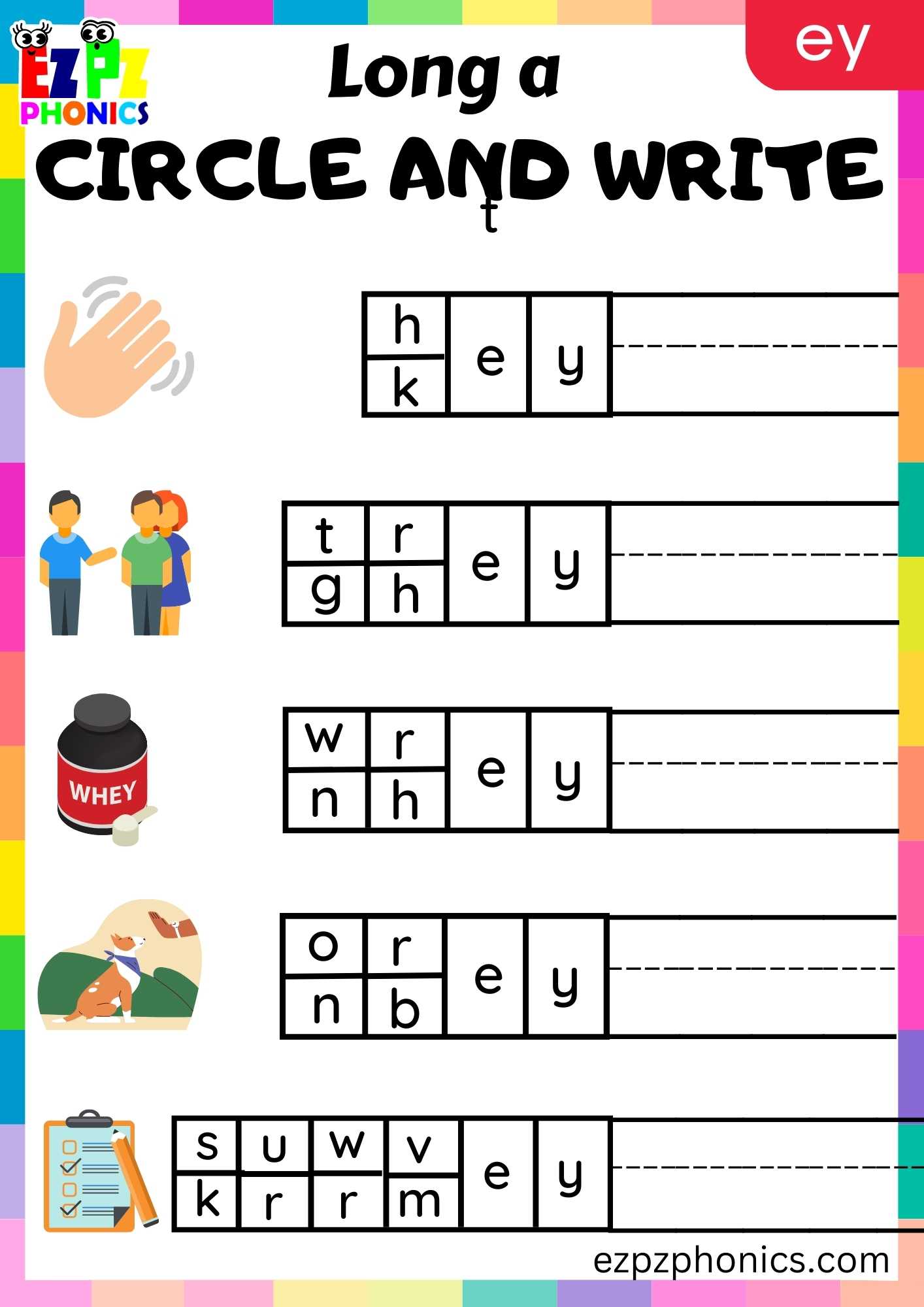 Ey Words Circle And Write Long A Phonics Worksheet